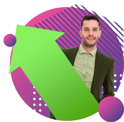 smiling man with an arrow going up